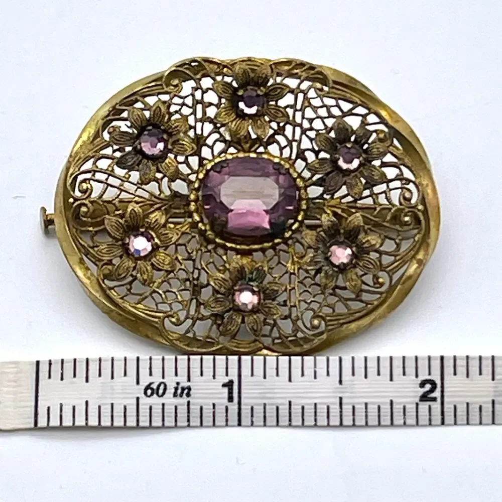Antique Brass Filigree Brooch with Amethyst-Colored Stones | Trombone Clasp Pin